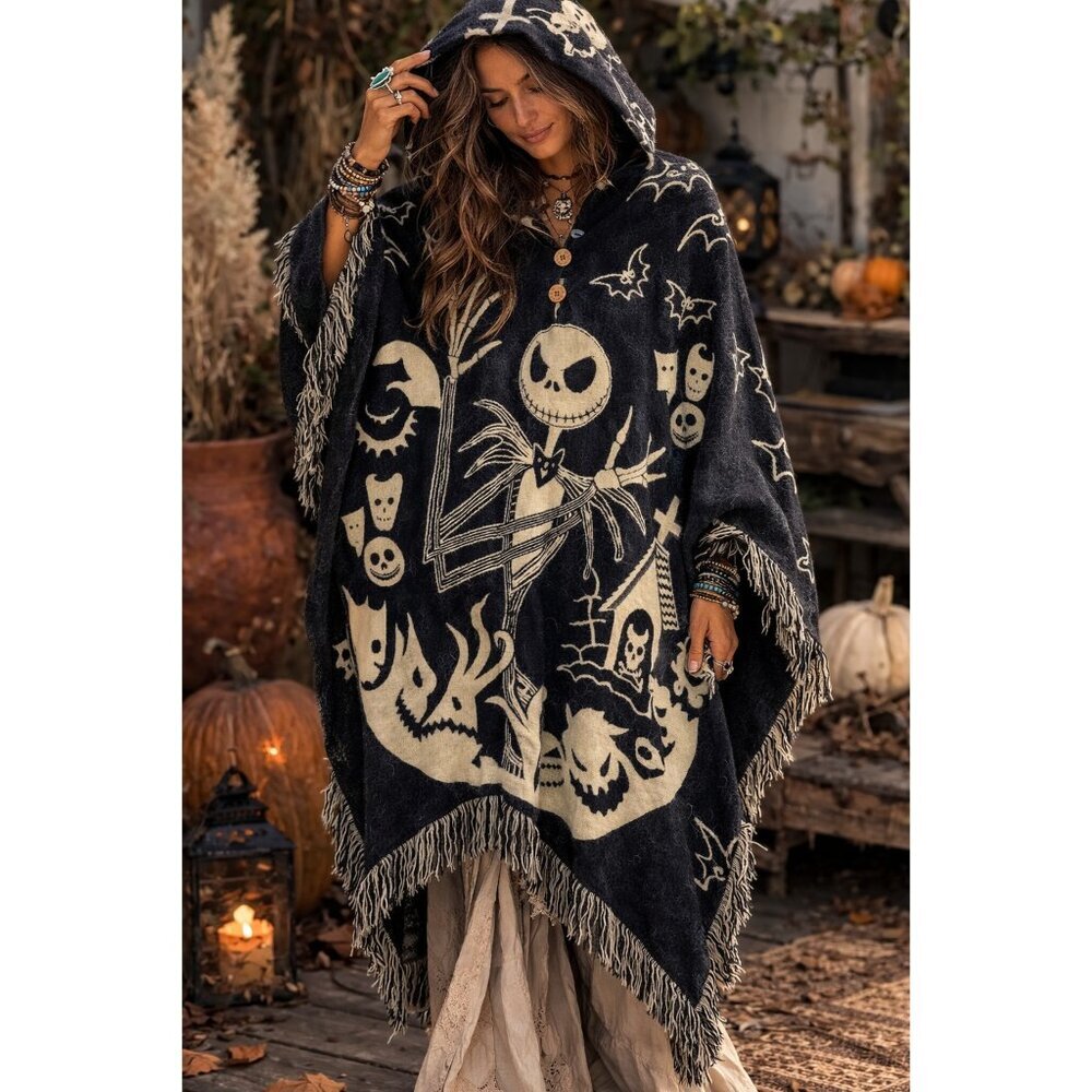 Nightmare Before Christmas Jack Skellington Hooded Alpaca Poncho Fringe